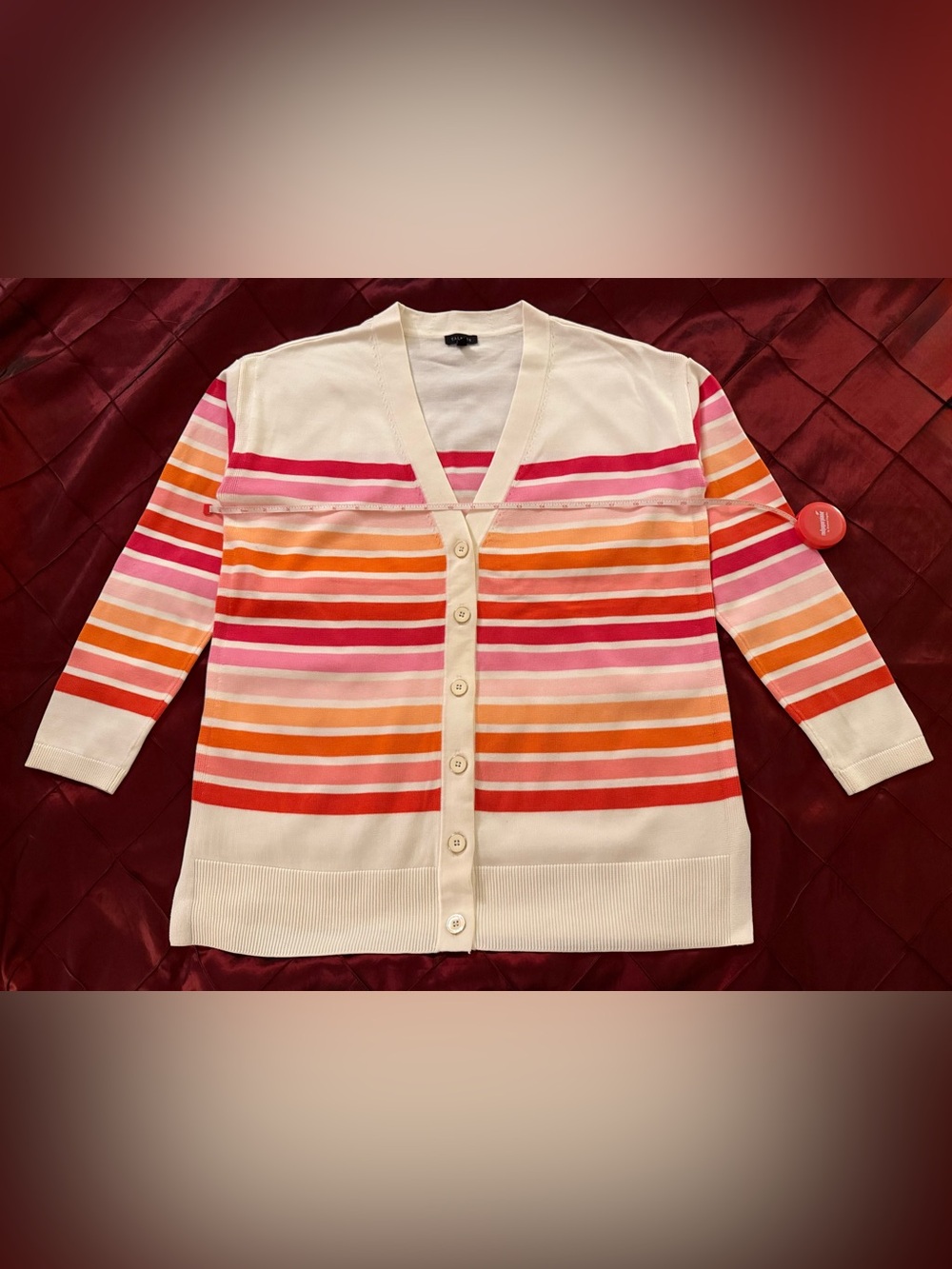 Talbots Girlfriend V Neck Cardigan with Pink, Orange and Red Stripes - Size M